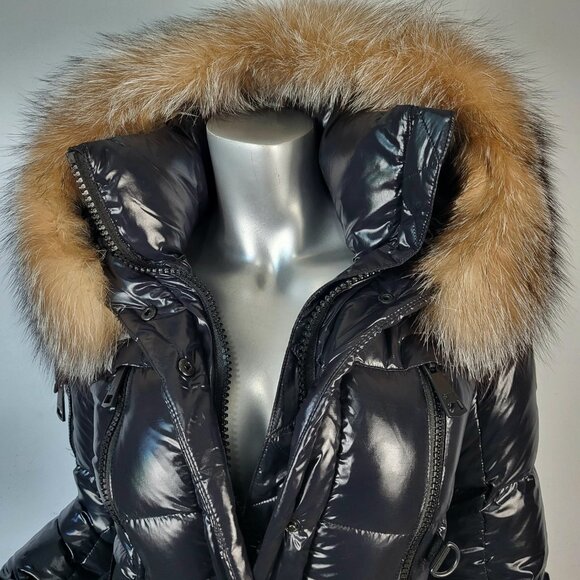 Women's winter warm Black Puffer Jacket with Fur Trim - Picture 3 of 17